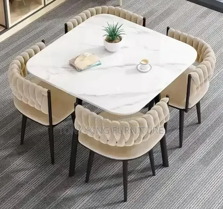 Classy 4 Seater Marble Top Dining Table Set With Fabric