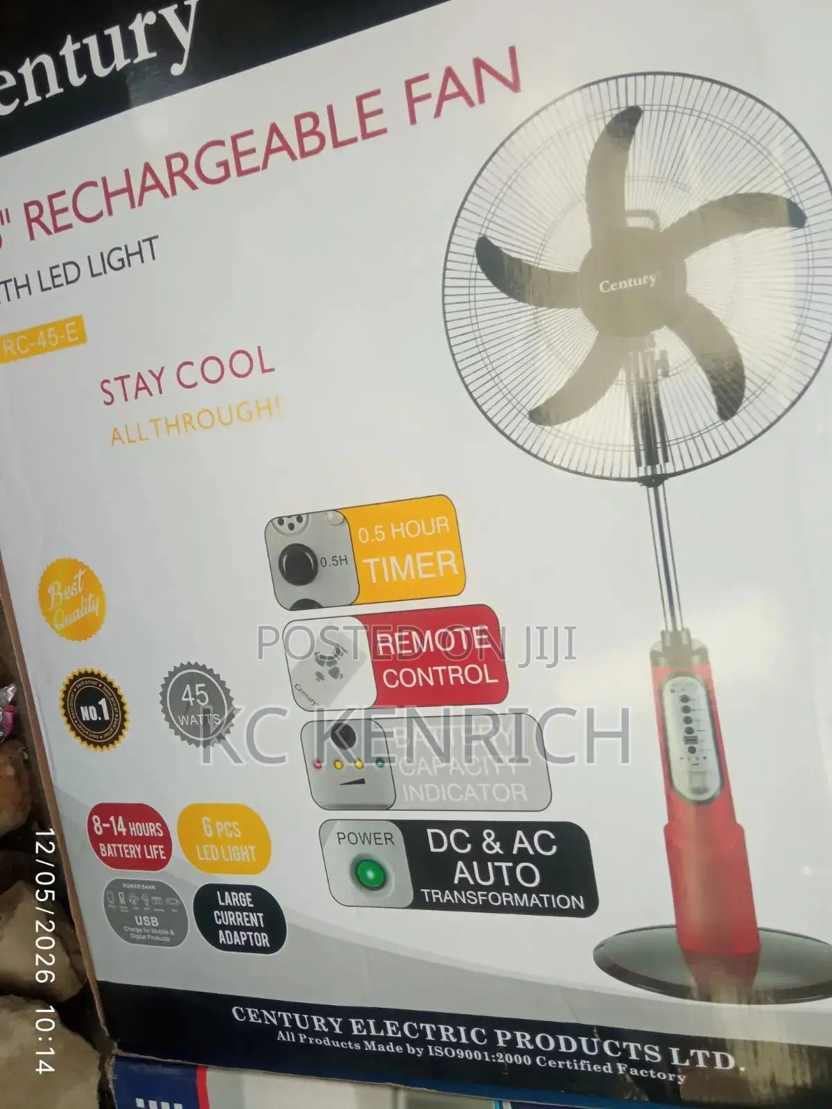 Century Rechargeable Standing Fan 18 Inch