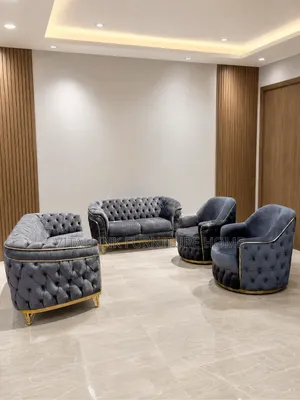 Luxury 4-Piece Grey Velvet Tufted Sofa Set With Gold Trim