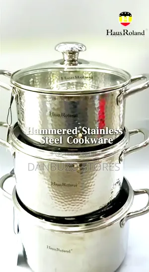Hammered Stainless Steel Cooking Pot Set - Large 3-Piece