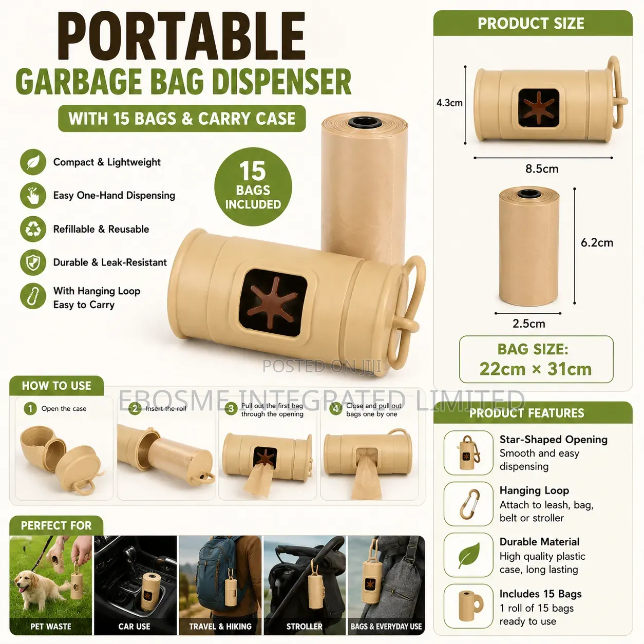 Portable Trash Bag Dispenser With 15 Garbage Bags