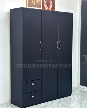 Modern Matte Black 3-Door Wardrobe With Silver Handles Drawers