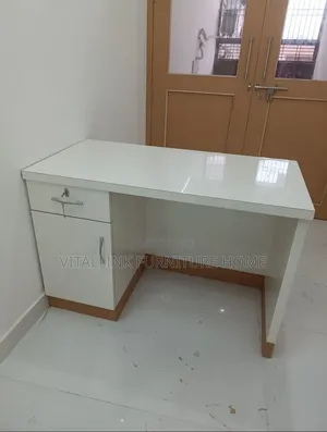Modern White Gloss Study Desk With Lockable Drawer Cabinet