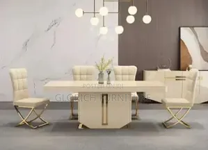 Cream Dining Set – Tufted Chairs, Gold X-Base Pedestal Table