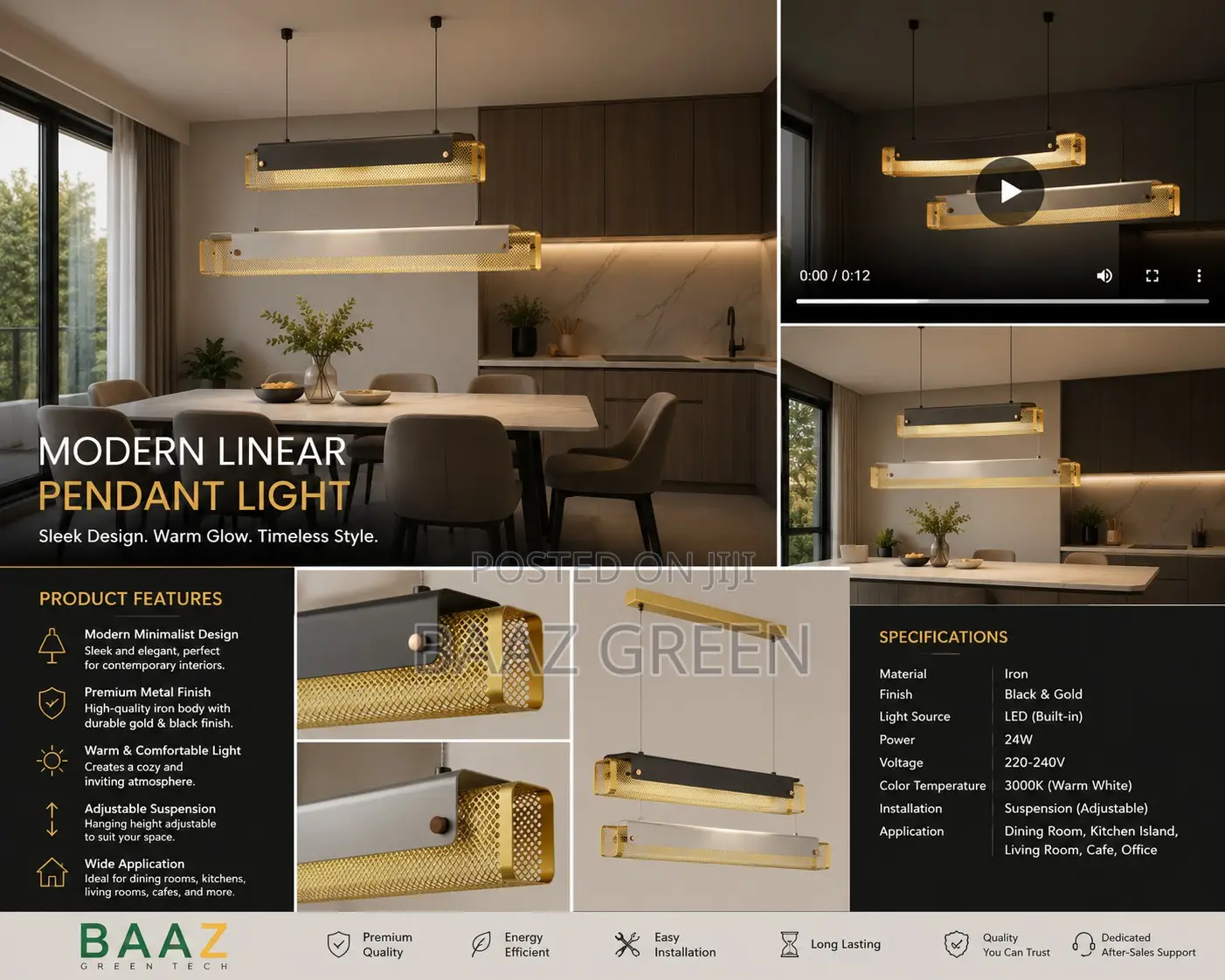 Luxury Gold Black Modern Linear LED Pendant Light