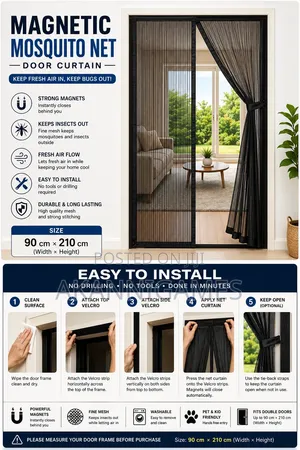 Magnetic Mosquito Net Door Curtain 90 × 210 Cm – Self-Closing (Black)