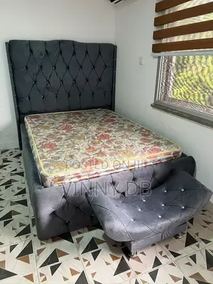 Grey Velvet Tufted Bed Frame With Mattress and Ottoman – Queen Size
