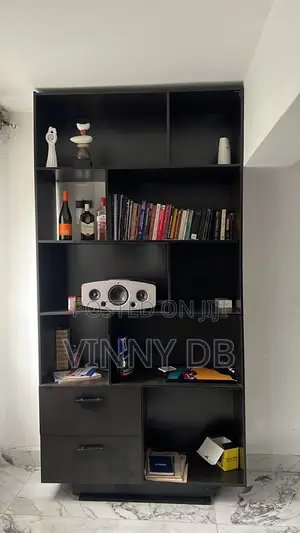8ft Black Wooden Bookshelf With Drawers – Staggered Display Shelves