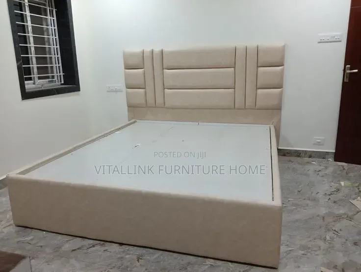 Modern Beige Upholstered Bed Frame With Geometric Headboard