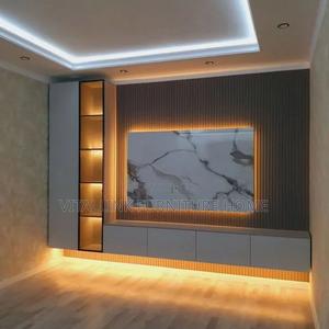 Luxury Fluted Wood TV Wall Unit With Marble Panel LEDs