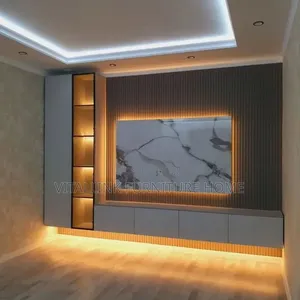 Luxury Fluted Wood TV Wall Unit With Marble Panel LEDs