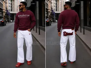 Men's Sportif Sweatshirt White Wide-Leg Jeans