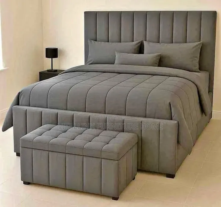 Luxury Grey Upholstered Bed Frame With Matching Bench