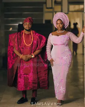Dusty Rose Floral Gown Crimson Agbada Set