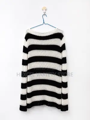 Black White Distressed Striped Knit Sweater