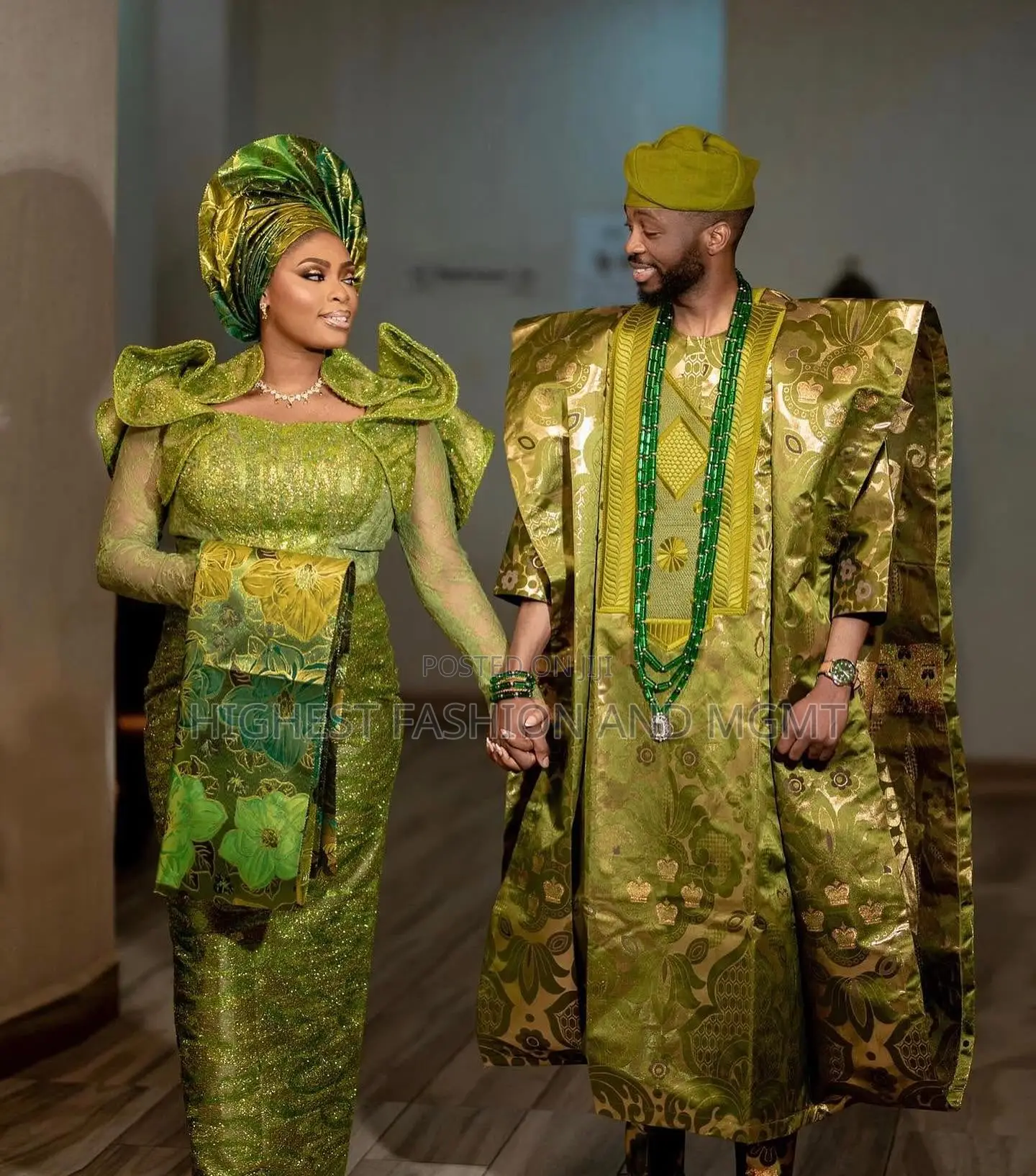 Olive Ruffle Gown Agbada Set