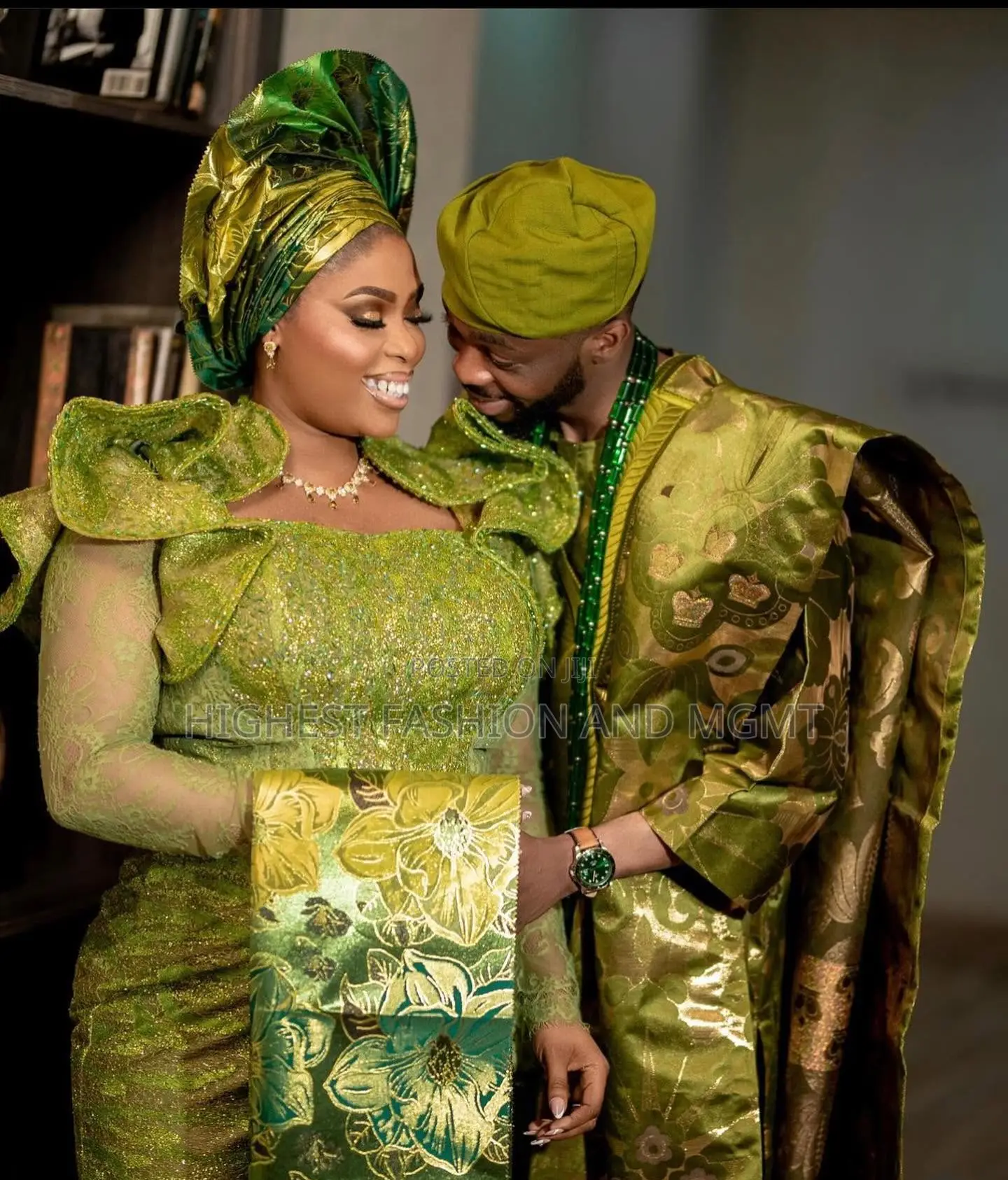 Olive Ruffle Gown Agbada Set