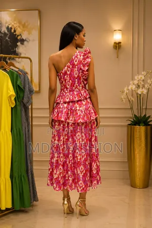 Pink Patterned One-Shoulder Ruffle Dress