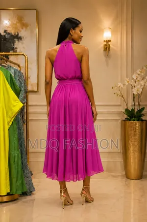 Hot Pink Pleated Halter Dress