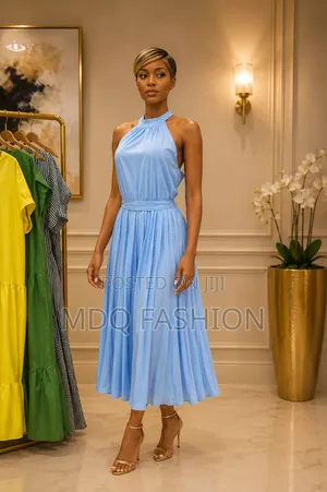 Sky Blue Pleated Halter Dress