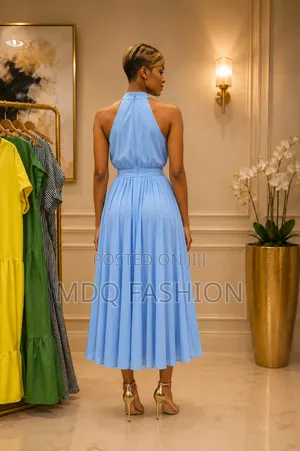 Sky Blue Pleated Halter Dress