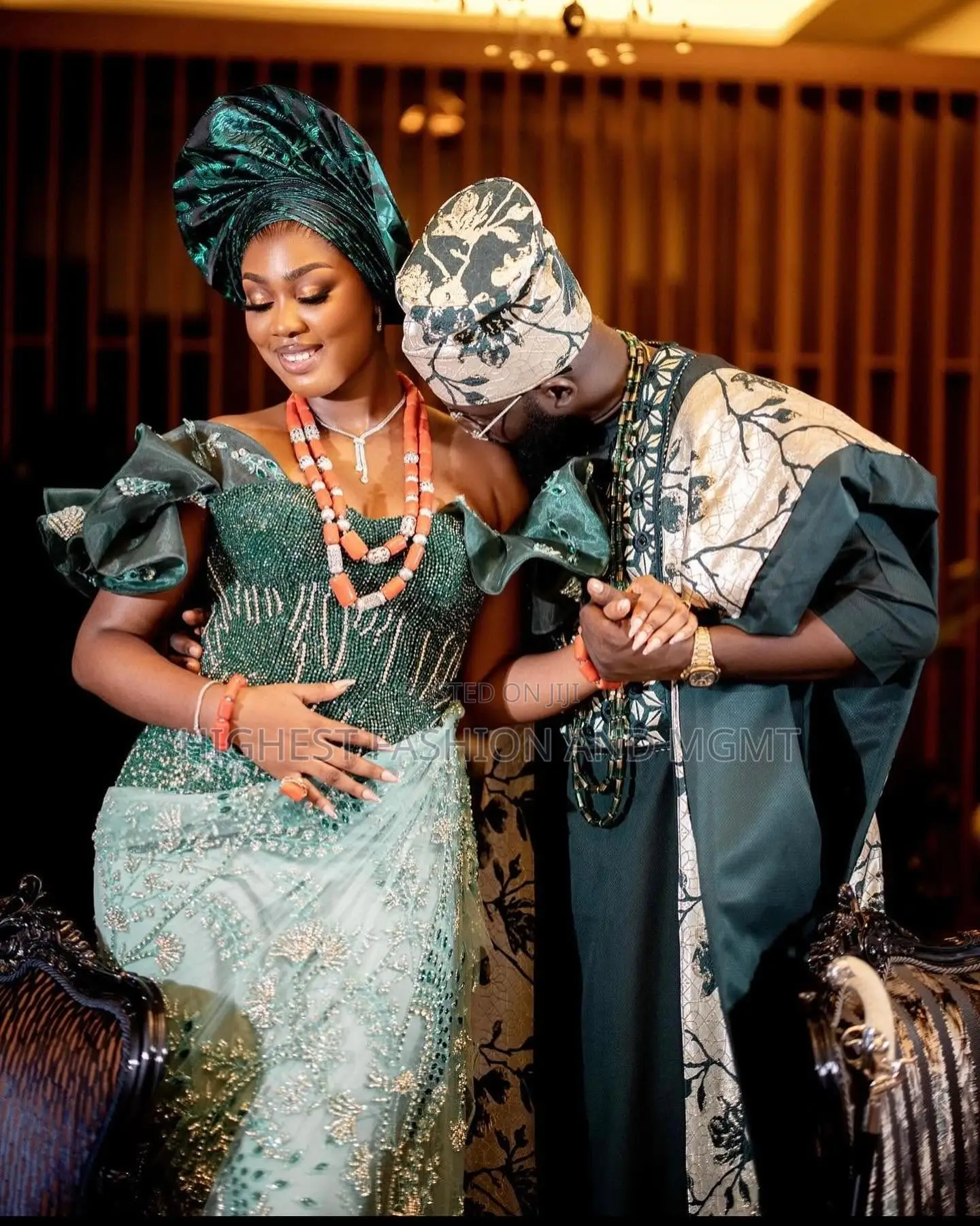 Emerald Sage Corset Gown Patterned Agbada Set