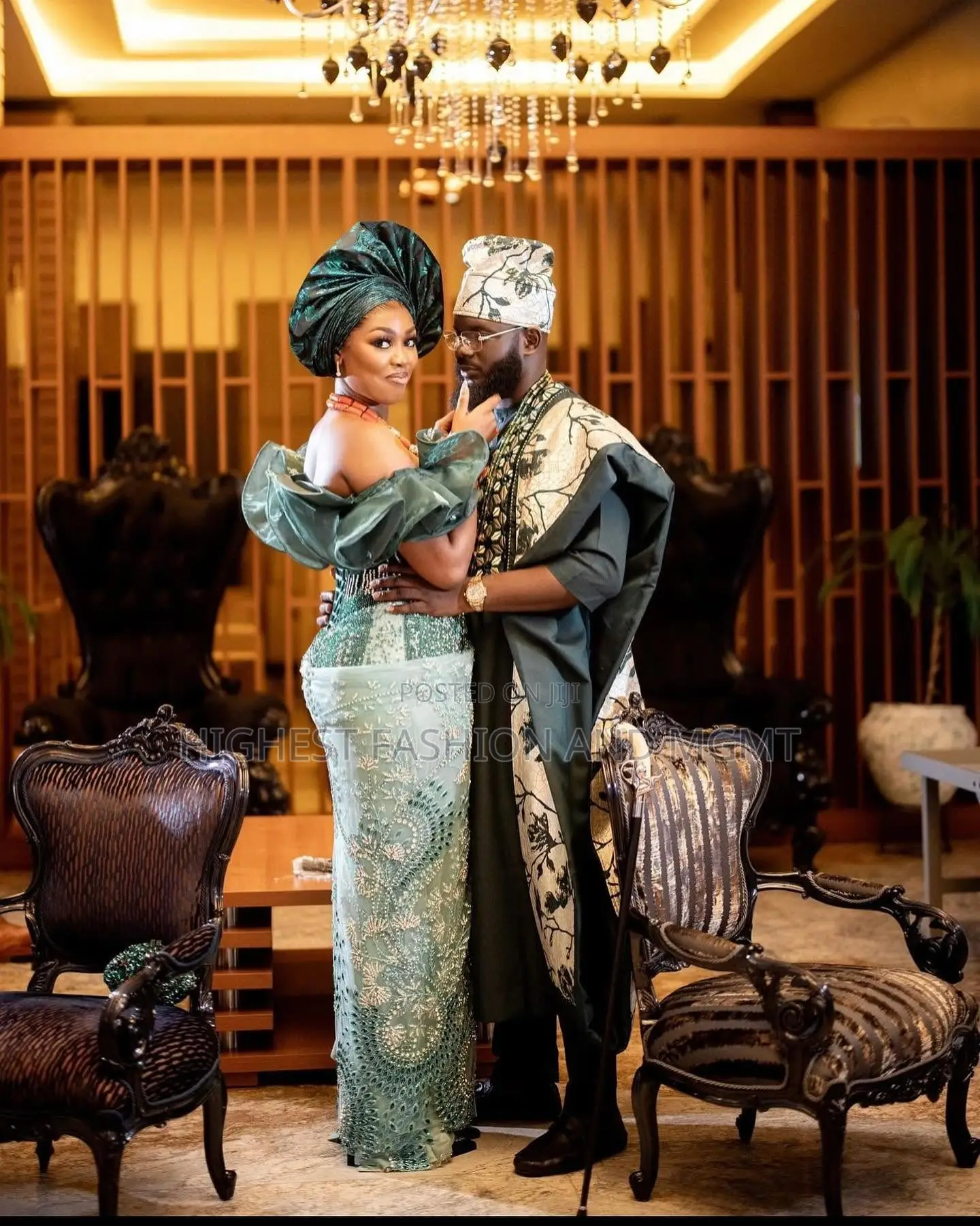 Emerald Sage Corset Gown Patterned Agbada Set