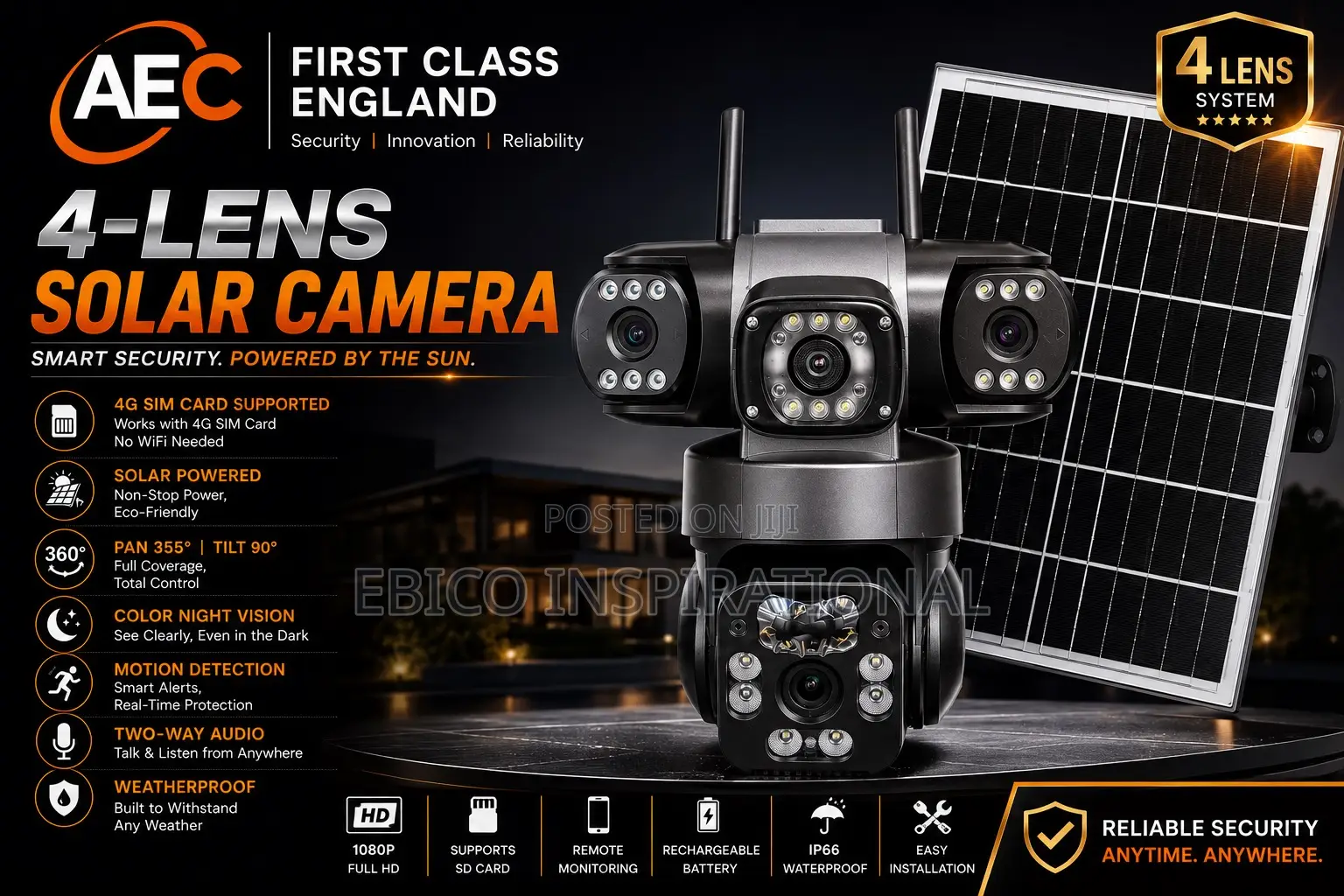 First Class England Aec 4-Lens 4g Sim Solar Security Camera