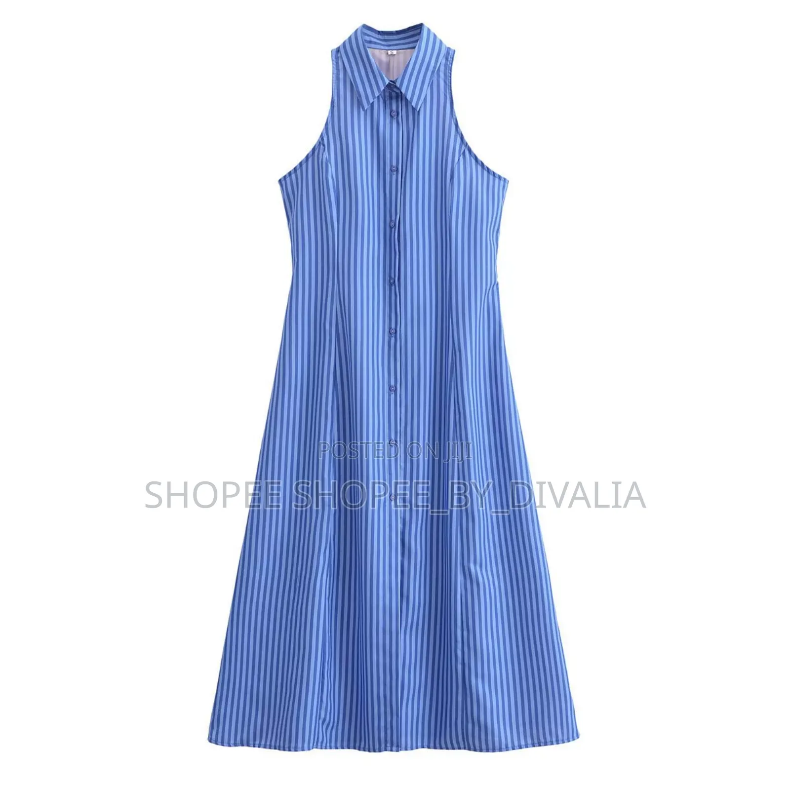 Elegant Blue Striped Sleevess Button Down Dress