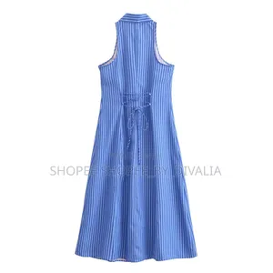 Elegant Blue Striped Sleevess Button Down Dress