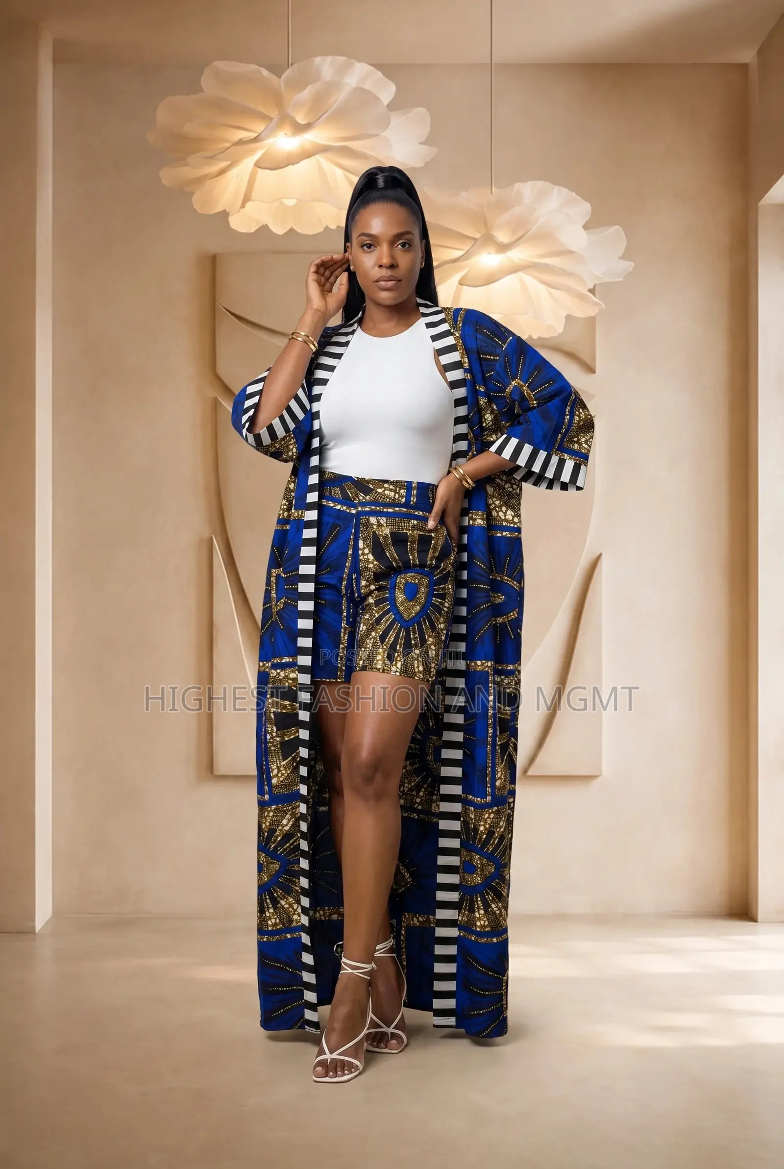 African Print Long Kimono Jacket and Shorts Set