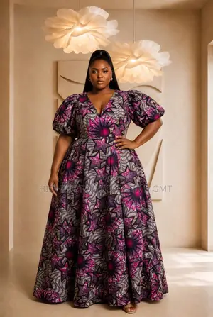 V Neck Maxi Dress With Puff Sleeves