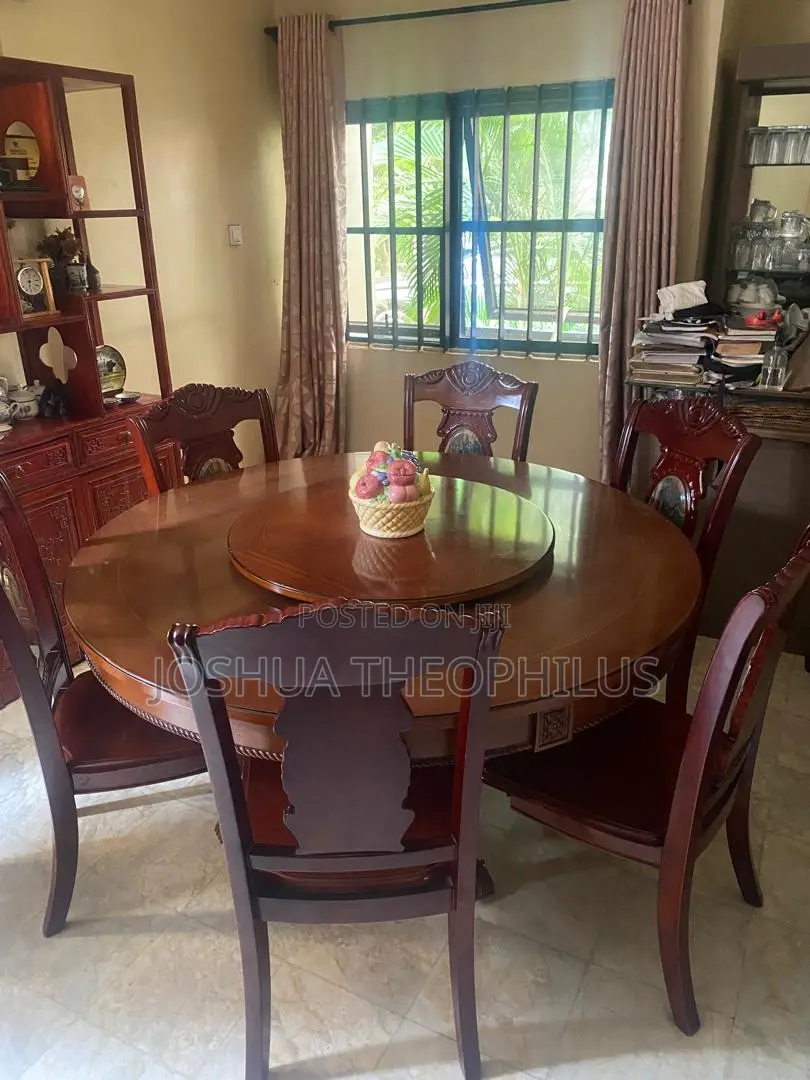 Solid Mahogany Round Dining Table With Lazy Susan + 6 Chairs
