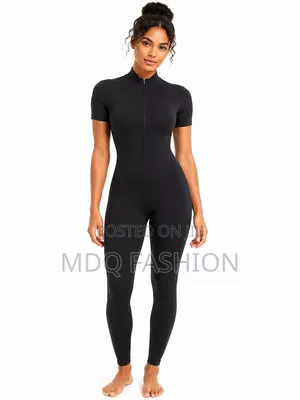 Premium Women's Short-Sleeve Gym Jumpsuit - Black