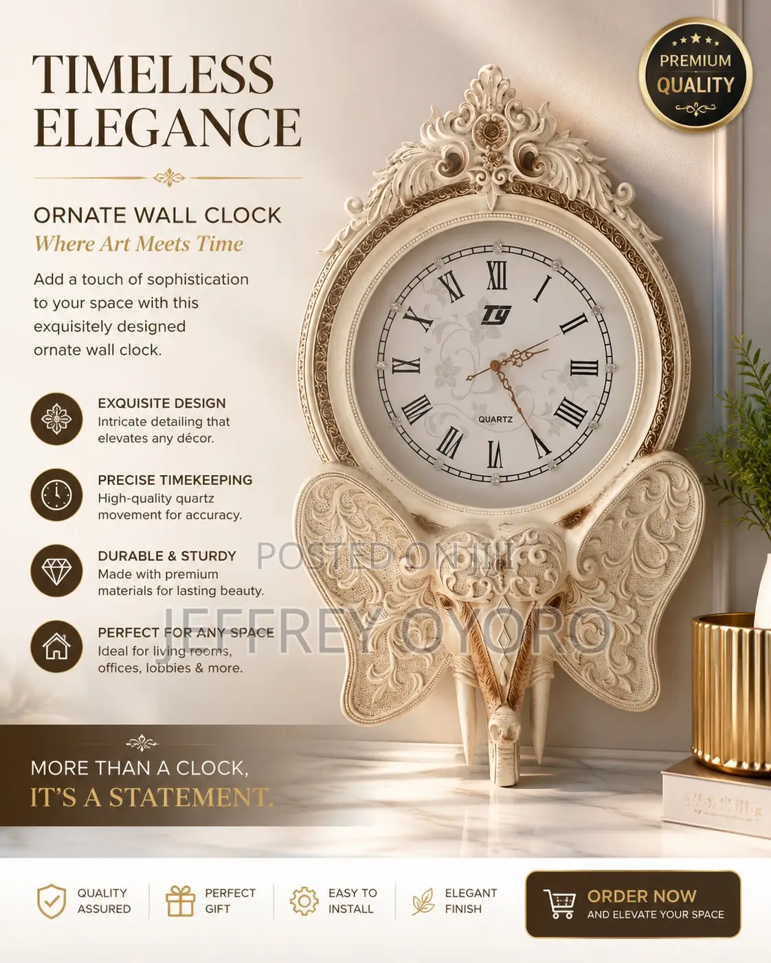 Luxury Decorative Elephant Wall Clock – Quartz"
