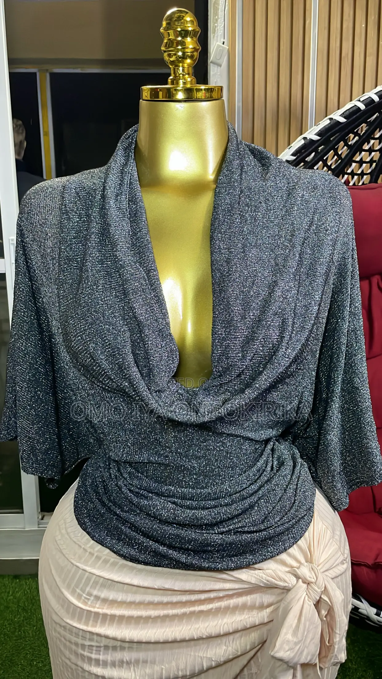 Shiny Silver Cowl-Neck Blouse