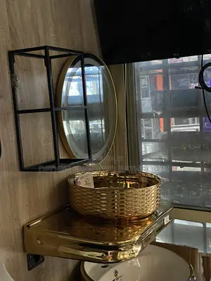 Gold Hanging Basin With LED Mirror and Shelf