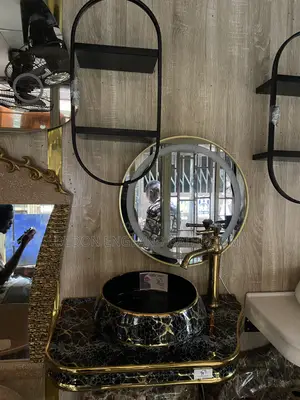 Black and Gold Marble Wall Hung Basin With LED Mirror and Shelf