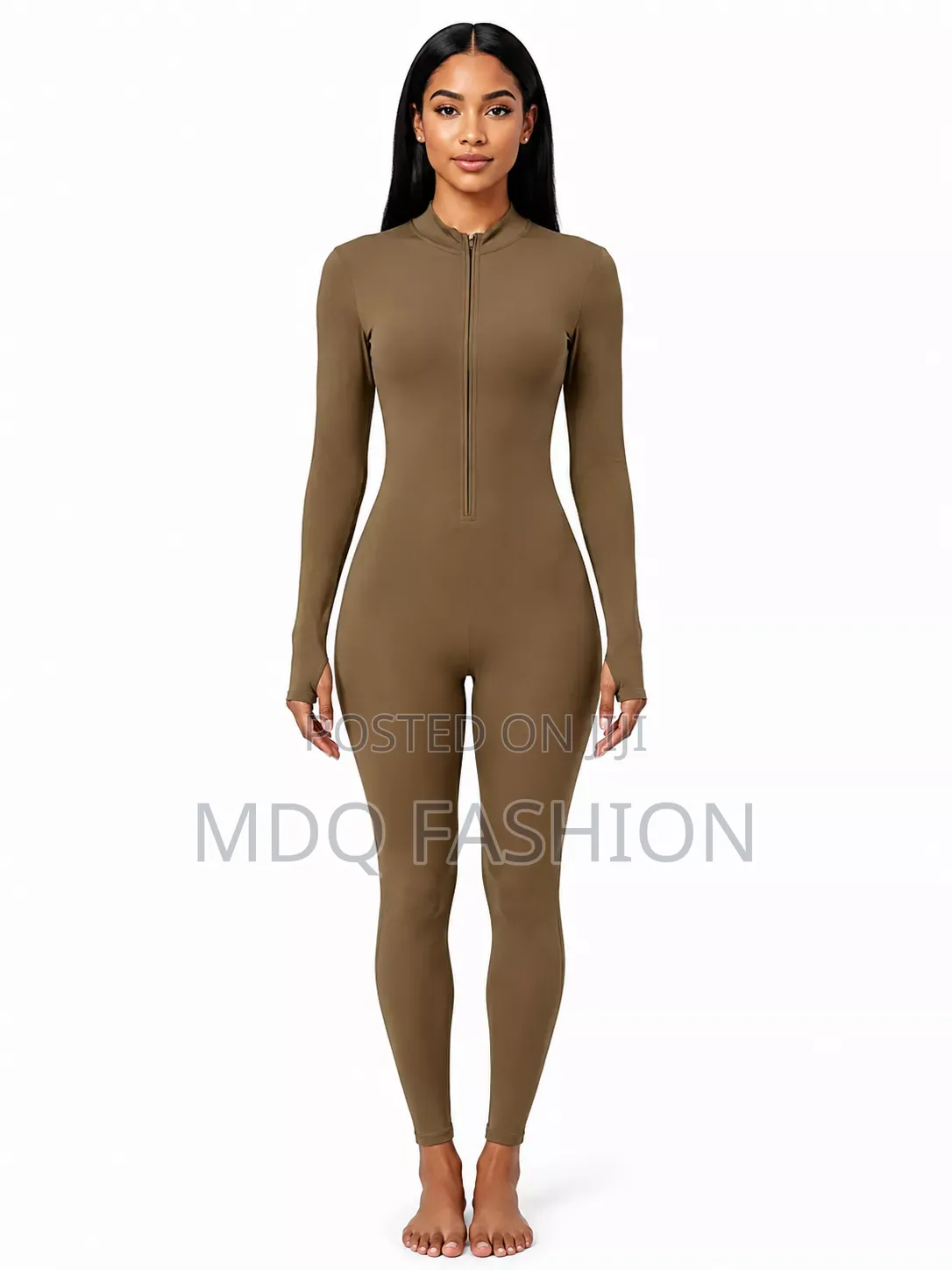 Brown Long-Sleeve Front-Zip Jumpsuit