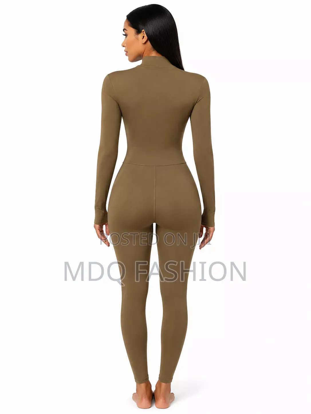 Brown Long-Sleeve Front-Zip Jumpsuit