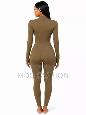 Brown Long-Sleeve Front-Zip Jumpsuit
