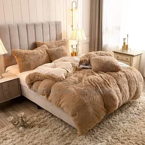 Brown Flluffy Fur Duvet, Bedsheets 4 Pillowcase Set + 2 Throw Pillow