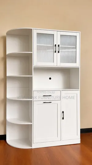 Modern White Storage Cabinet With Glass Doors Open Shelves
