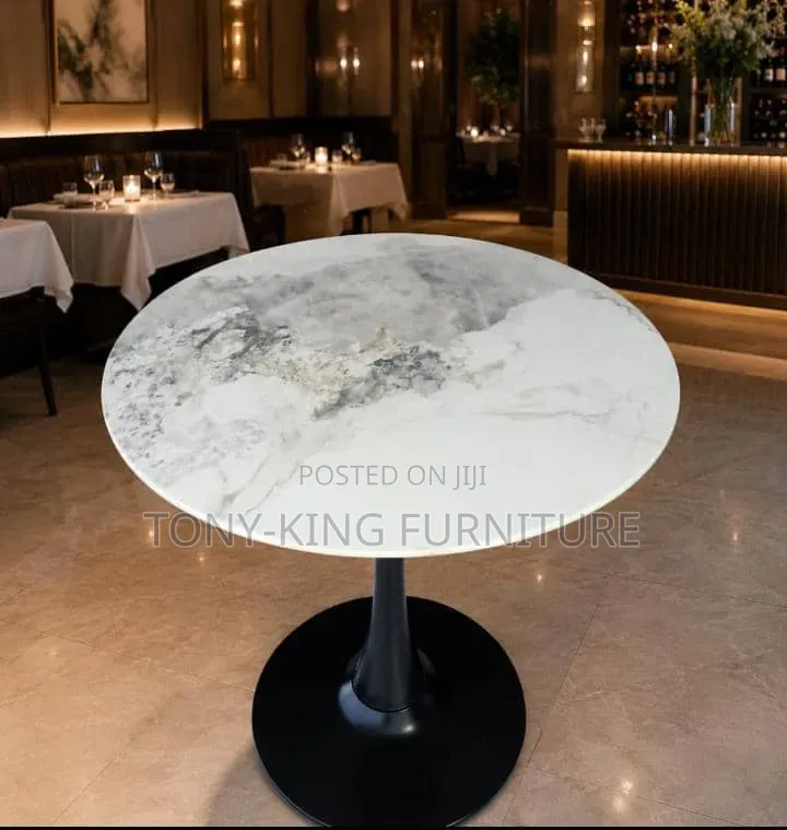 Modern Round Marble Top Dining Table With Metal Base.