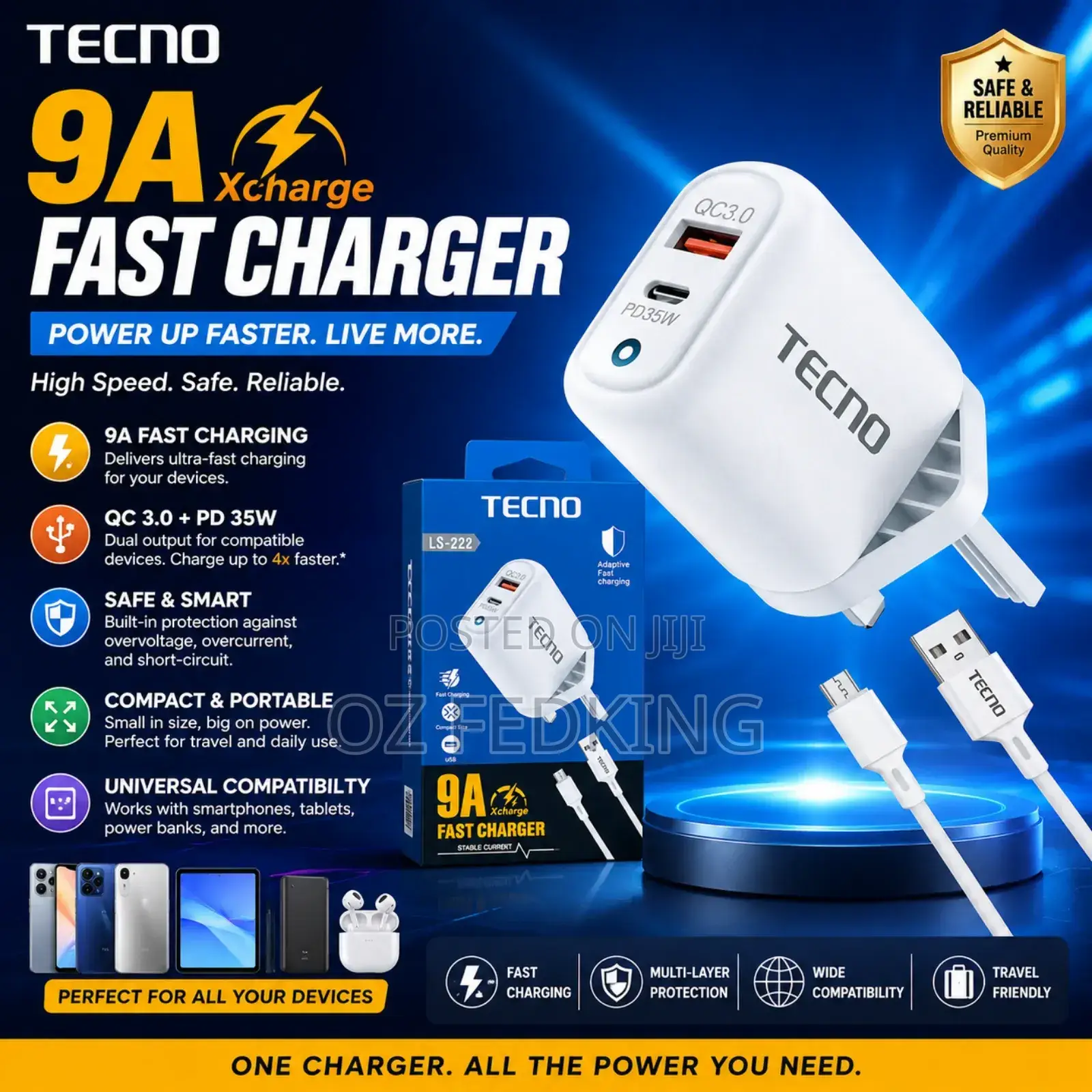 Tecno Fast Charger With USB Cable