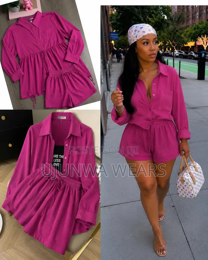 Crinkle Linen Button-Down Shirt Drawstring Shorts
