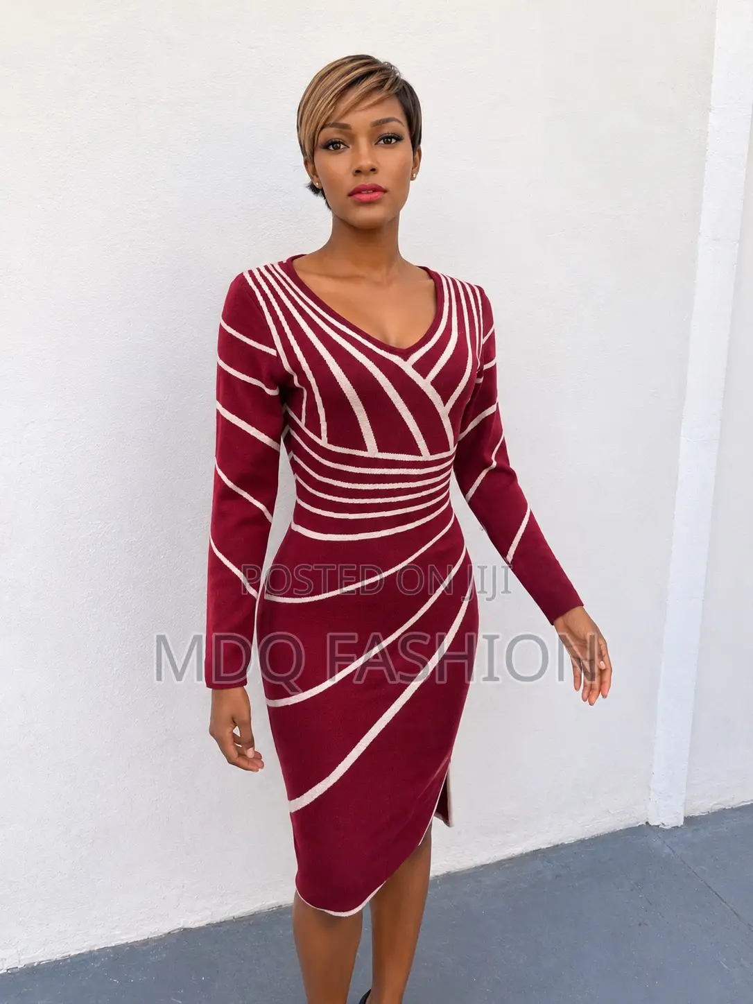 Wine Red Patterned Bodycon Dress