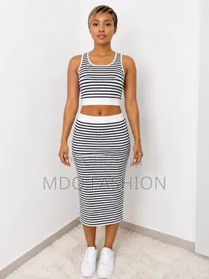 Black White Striped Sleeveless Crop Midi Skirt Set