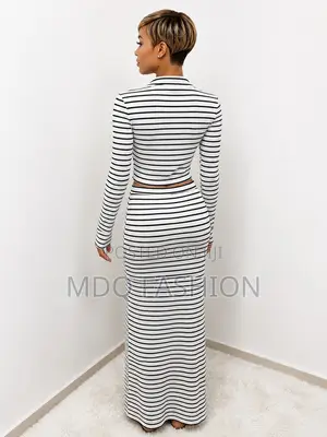 Black White Striped Long-Sleeve Crop Maxi Skirt Set