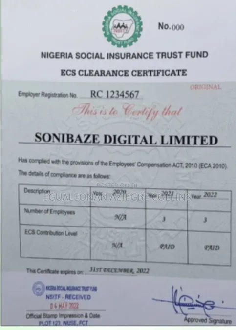 Cac Certificate, Nsitf Ecs Certificate, Pencom, Itf e.t C